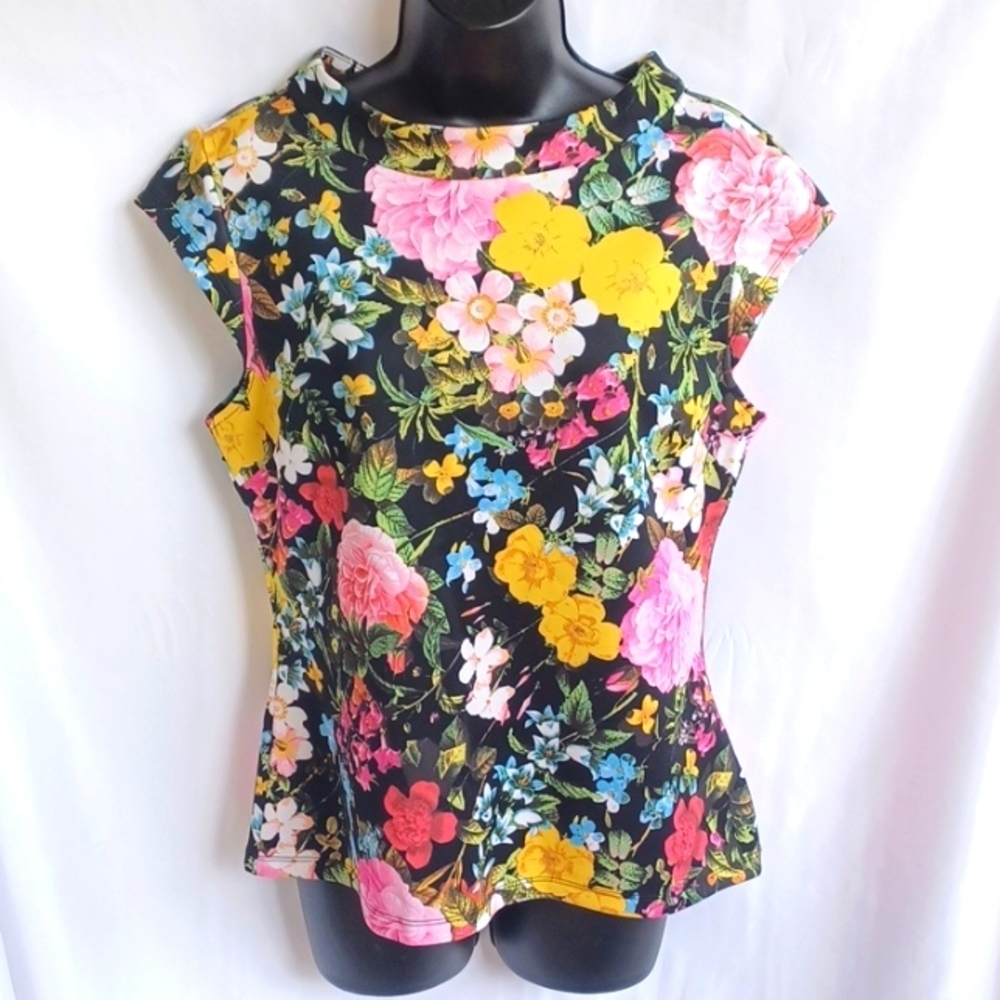 7th Avenue Design Studio Top Women Med, Floral Sleeveless Blouse Zip Closure